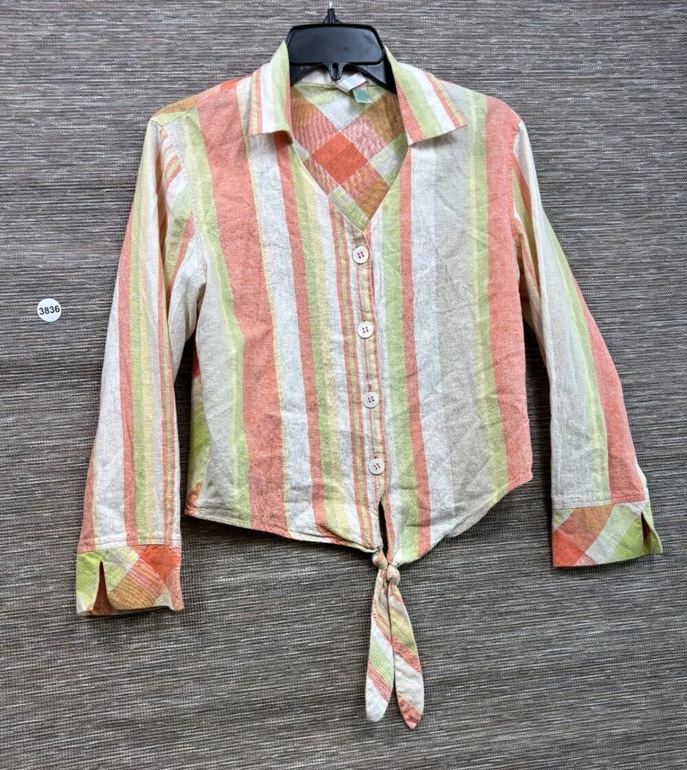 Bill Blass Jeanswear Linen Blend Button-Up Shirt Sz S Pastel Striped Retro *READ
